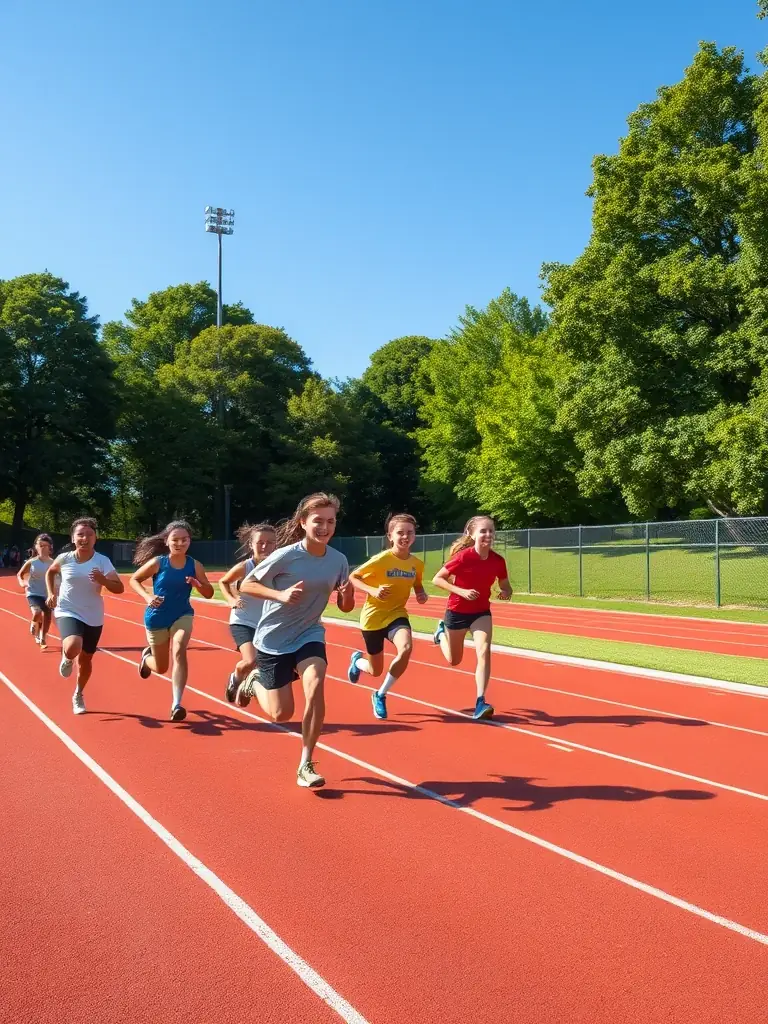 A vibrant photo of diverse students running together on a school athletics track, smiling and enjoying outdoor exercise, representing improved physical health through sports.