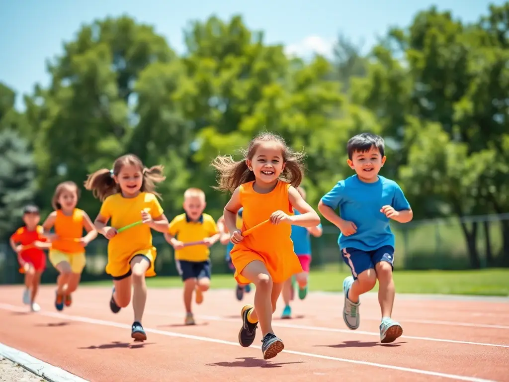 Photo d’un groupe mixte d’élèves en tenue de sport, courant sur une piste d’athlétisme extérieure, illustrant la diversité des activités et l’importance de la santé et du bien-être à travers l’athlétisme.