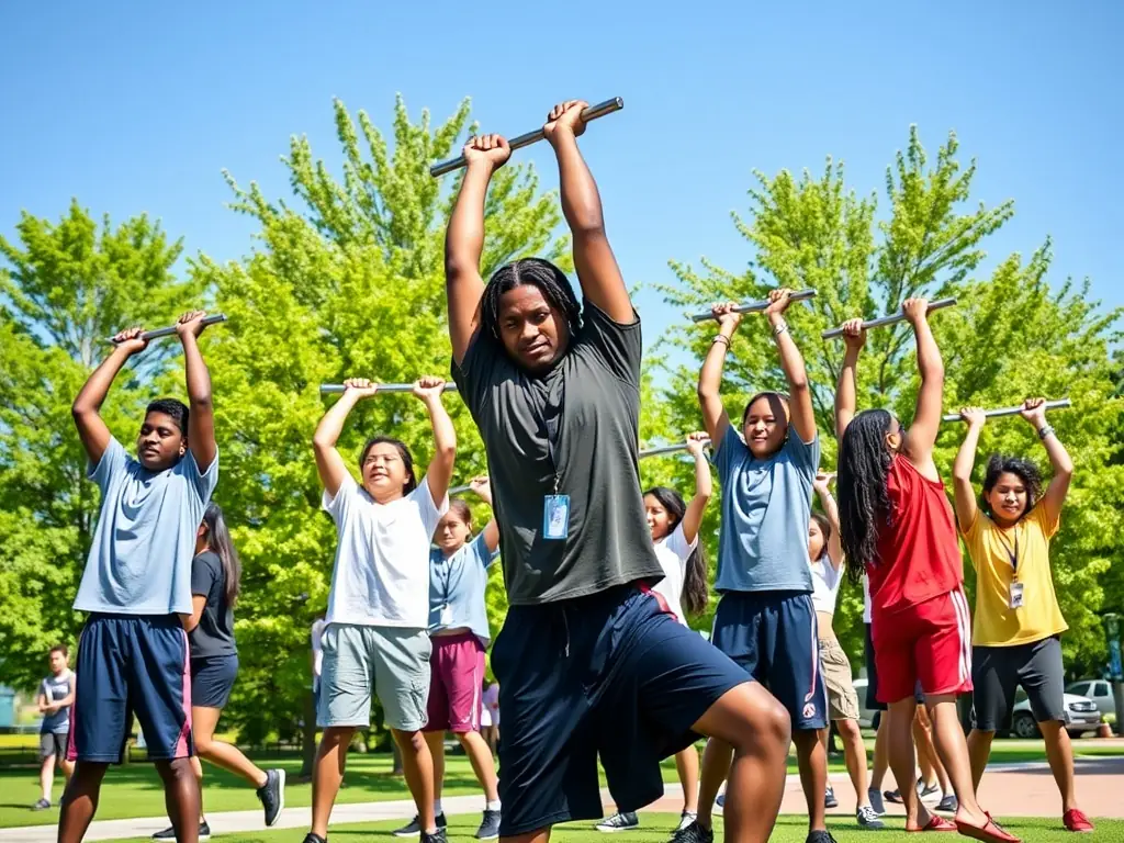 A cheerful scene of students participating in a group fitness class outdoors, performing stretching exercises together under the guidance of an instructor, symbolizing inclusivity and well-being.