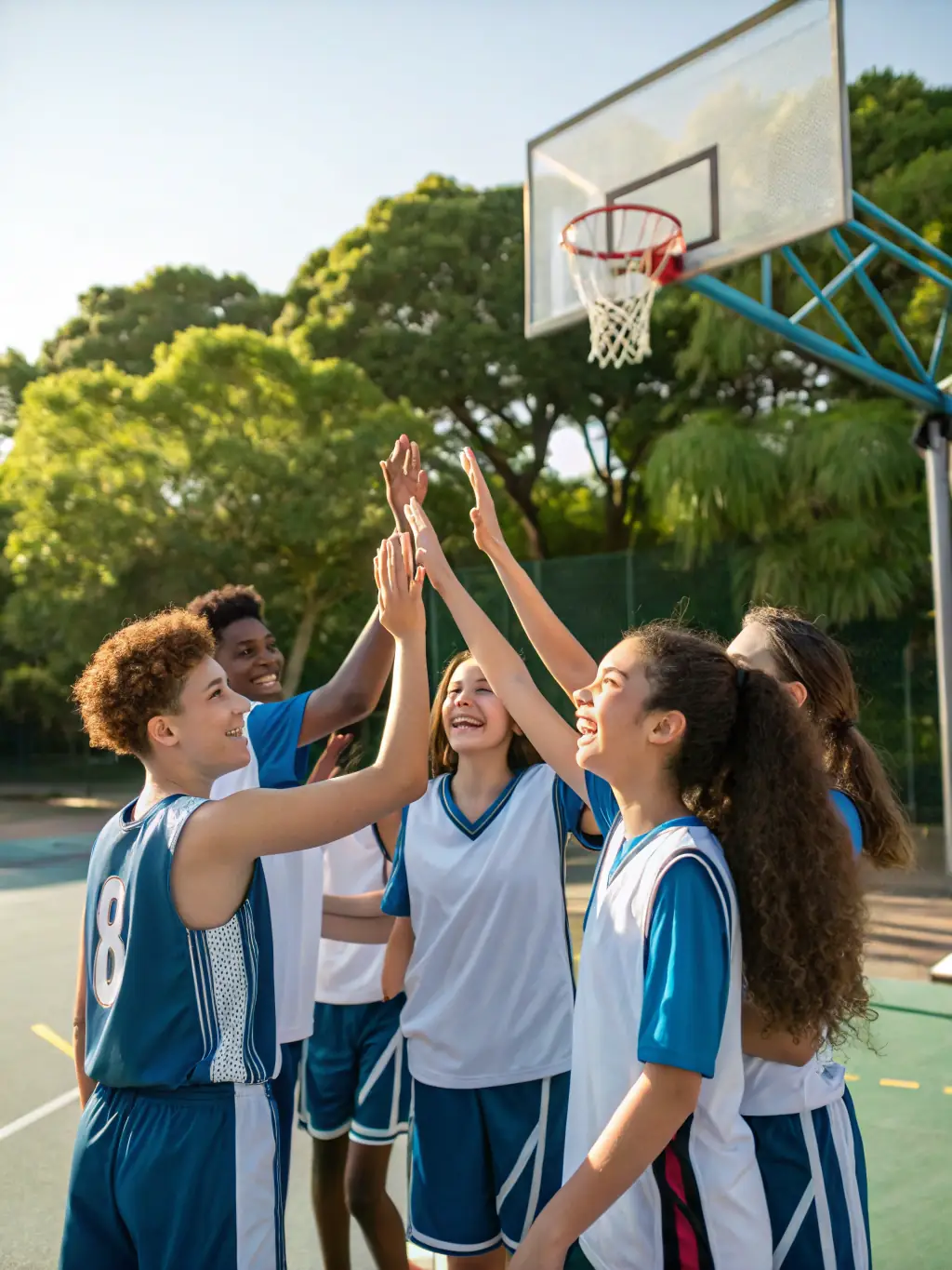 A dynamic image of a mixed-gender basketball team high-fiving after a successful play in a school gym, symbolizing teamwork and camaraderie.