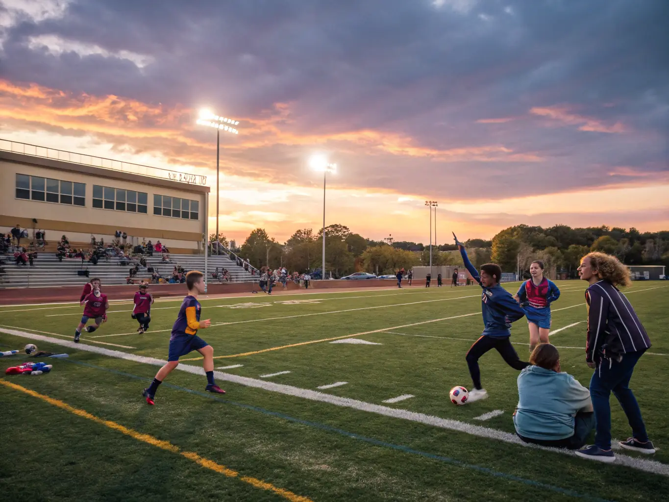 A vibrant photo of students playing an energetic soccer match on a green field, with teammates celebrating a goal, representing the spirit of teamwork and joy at ASS SPORTIVE COLLEGE IRENE JOLIOT-CURIE.