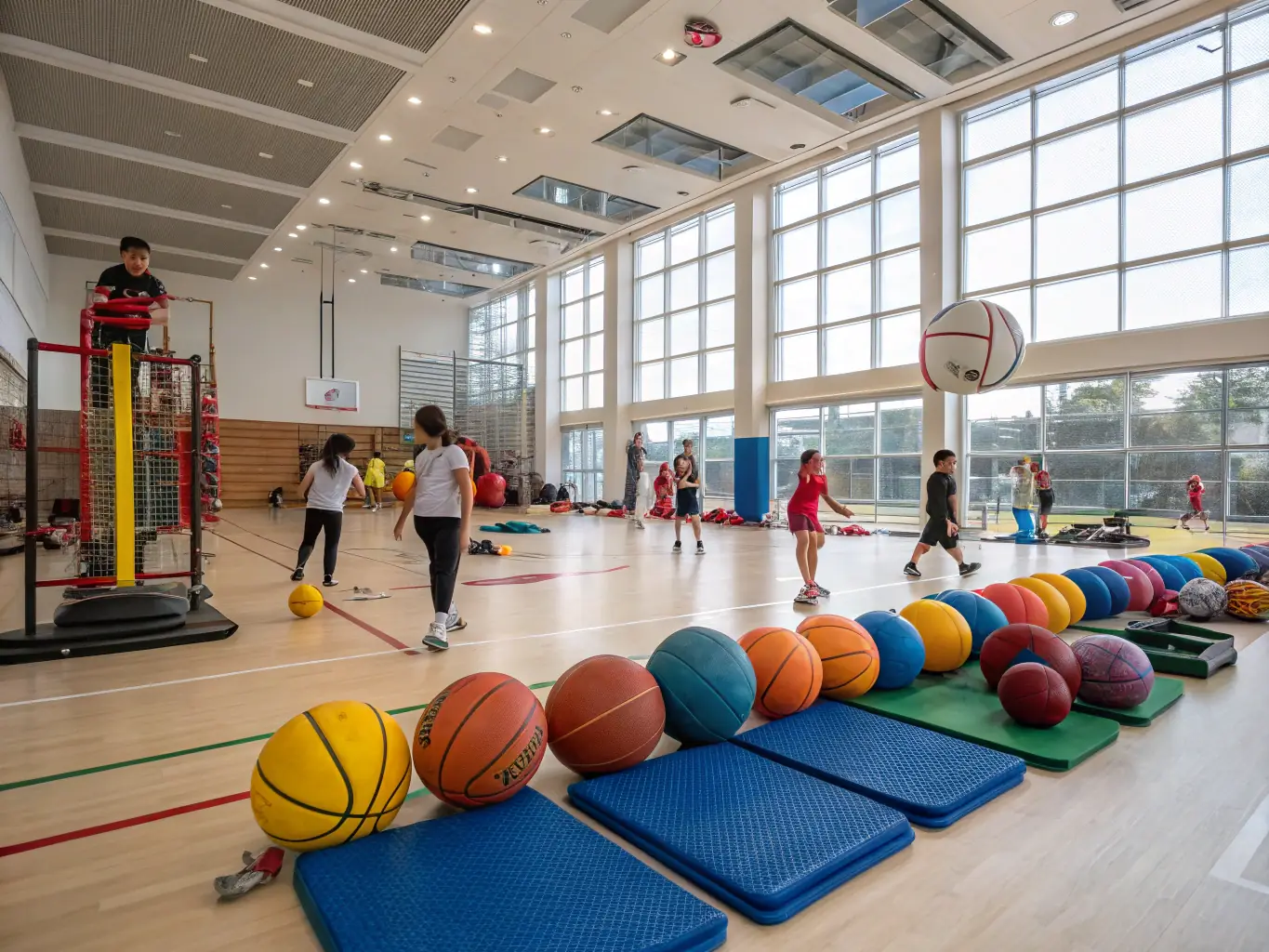 Image d’un gymnase lumineux où des élèves pratiquent le badminton, raquettes en main, concentrés et souriants, mettant en avant l’accessibilité et la diversité des activités proposées par l’association sportive.