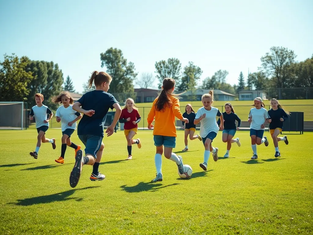 Photographie dynamique d’un groupe d’élèves jouant au football sur un terrain scolaire, souriants et engagés, illustrant l’esprit d’équipe et la convivialité lors d’une activité organisée par l’association sportive du collège.